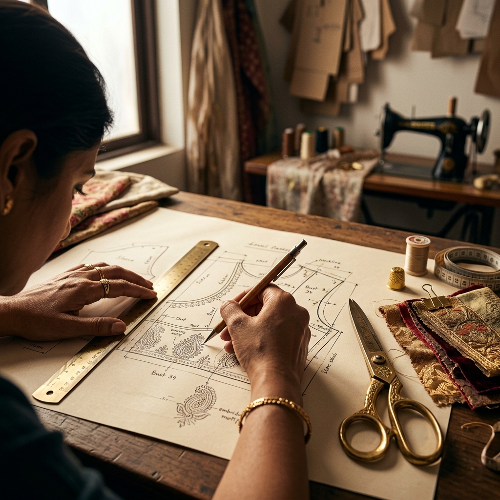 Fashion designer making couture Indian blouse pattern