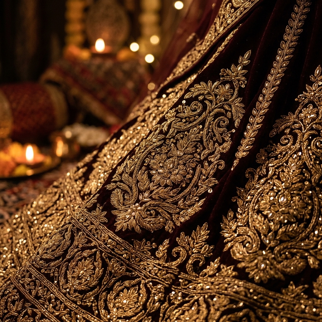 Bridal lehenga fabric with gold zardosi embroidery